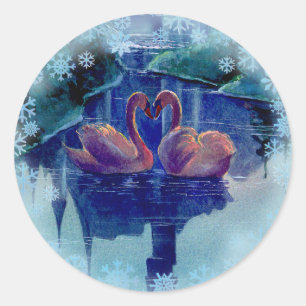 SNEEUWVLOKKEN & ZWANENKRANS DOOR SHARON SHARPE RONDE STICKER