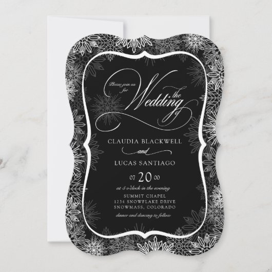 Sneeuwvlokken Zwart Wit Bruiloft Kaart (Voorkant)
