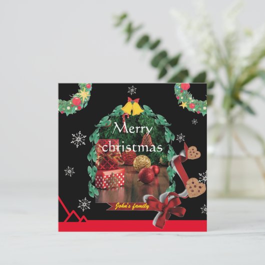 Sneeuwvlokken zwarte boog foto trendy vrolijke ker bedankkaart (Staand voorkant)