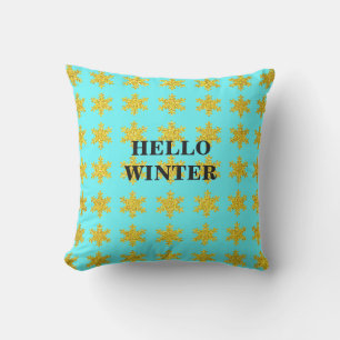 Sneeuwvlokpatronen Wintertypografie Blauw Goud Buitenkussen