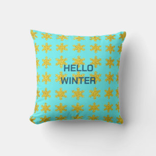 Sneeuwvlokpatronen Wintertypografie Goud Blauw Buitenkussen