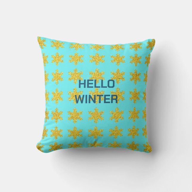 Sneeuwvlokpatronen Wintertypografie Goud Blauw Buitenkussen (Voorkant)