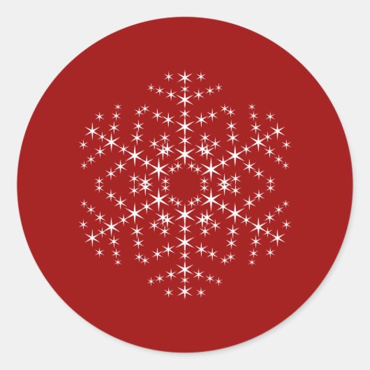 Sneeuwvlokvormig ontwerp in donkerrood en wit. ronde sticker (Voorkant)