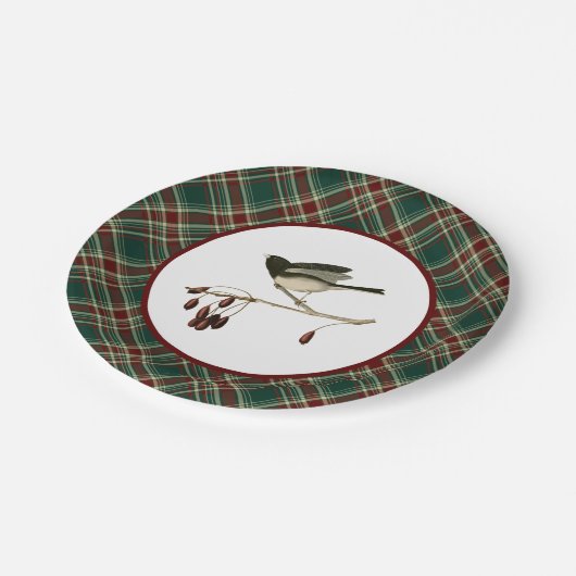  Sneeuwvogel met Kerst Plaid Pattern Papieren Bordje (Gekanteld)
