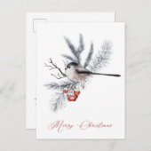 Sneeuwvogel, pine, kerstfeestdag met rode bessen briefkaart (Voorkant / Achterkant)