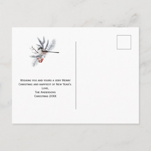 Sneeuwvogel, pine, kerstfeestdag met rode bessen briefkaart (Achterkant)