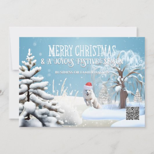 Sneeuwvos met kerstmuts winterbos qr-code feestdagenkaart (Voorkant)