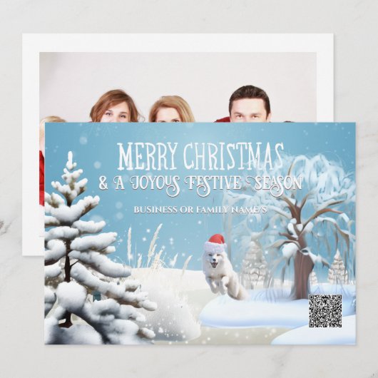 Sneeuwvos met kerstmuts winterbos qr-code feestdagenkaart (Voorkant / Achterkant)