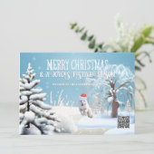 Sneeuwvos met kerstmuts winterbos qr-code feestdagenkaart (Staand voorkant)