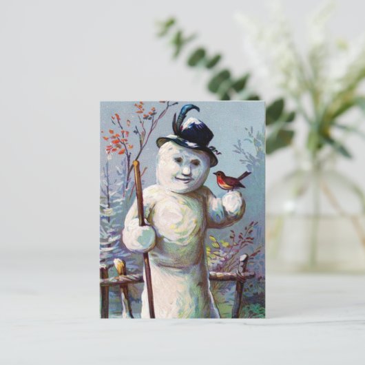 Sneeuwvrouw en vogel in de wintertuin briefkaart (Staand voorkant)