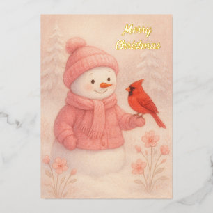Sneeuwvrouw met Rode Vogel Kerst Folie Feestdagenkaart