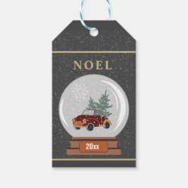 SneeuwWereldbol met auto's en kerstbomen Cadeaulabel
