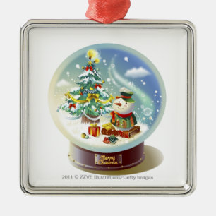 sneeuwwereldbol met sneeuwpop en kerstboom metalen ornament