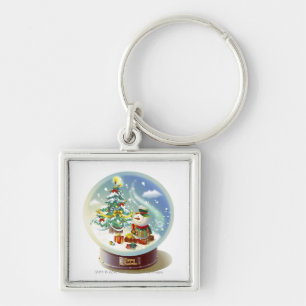 sneeuwwereldbol met sneeuwpop en kerstboom sleutelhanger