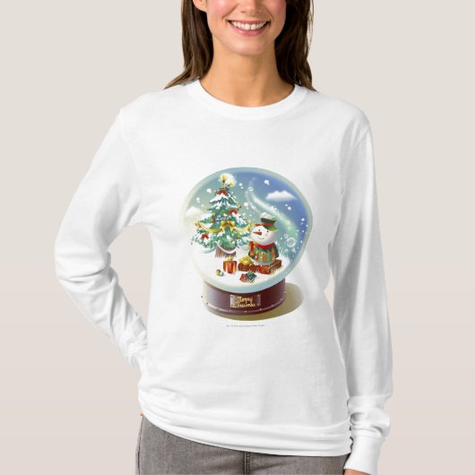 sneeuwwereldbol met sneeuwpop en kerstboom t-shirt (Voorkant)