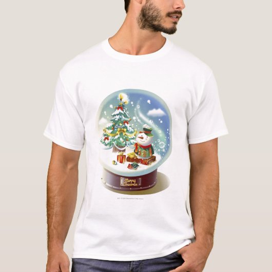 sneeuwwereldbol met sneeuwpop en kerstboom t-shirt (Voorkant)