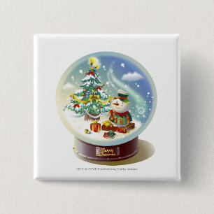 sneeuwwereldbol met sneeuwpop en kerstboom vierkante button 5,1 cm