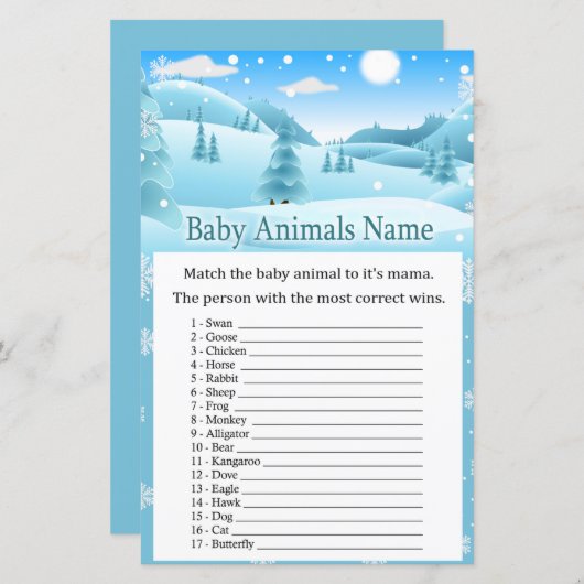 Sneeuwwinter Baby Dieren Naam Game (Voorkant / Achterkant)