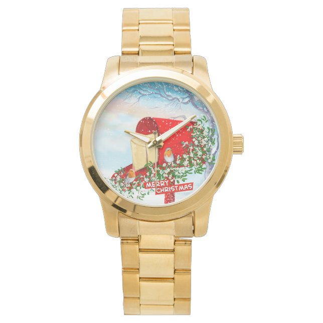 Sneeuwwinter Kerstvogels en rode postbus Mannen Horloge (Voorkant)