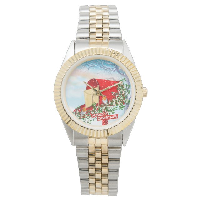Sneeuwwinter Kerstvogels en rode postbus Mannen Horloge (Voorkant)