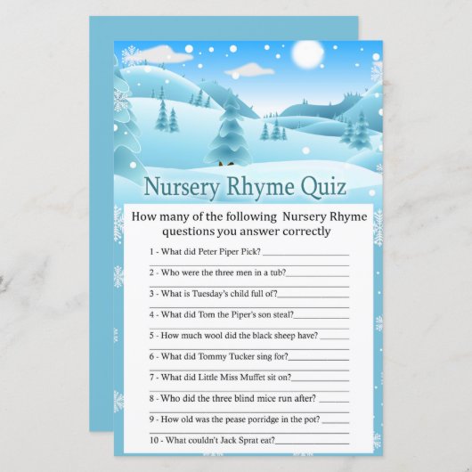 Sneeuwwinter Nursery Rhyme Quiz baby shower (Voorkant / Achterkant)