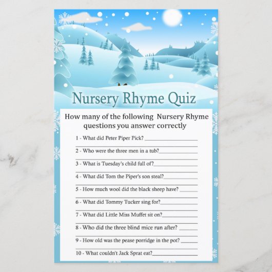 Sneeuwwinter Nursery Rhyme Quiz baby shower (Voorkant)