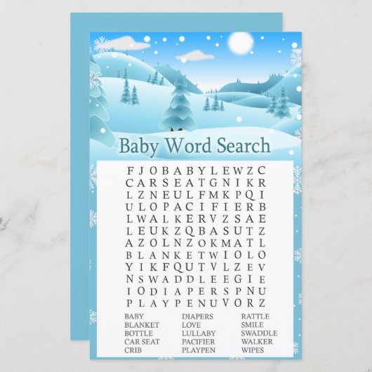 Sneeuwwinterbos Baby shower Word Search Game (Voorkant / Achterkant)