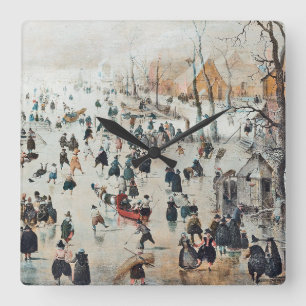 sneeuwwinterHolland Ice Skating 1600 Wall Clock Vierkante Klok