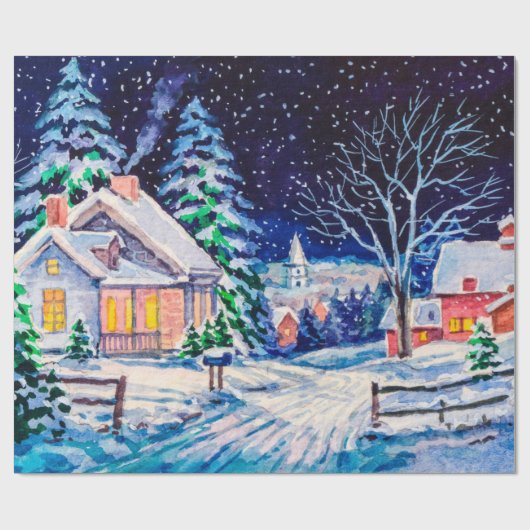 Sneeuwwinterlandschap. Landhuis. Kerstmis Cadeaupapier (Vlak)