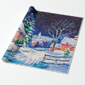 Sneeuwwinterlandschap. Landhuis. Kerstmis Cadeaupapier (Uitgerold)