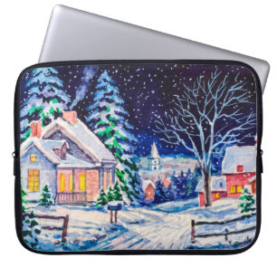 Sneeuwwinterlandschap. Landhuis. Kerstmis Laptop Sleeve