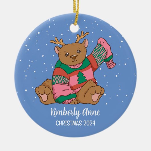 Sneeuwwintervakantie met Beer kerstmis Keramisch Ornament (Voorkant)