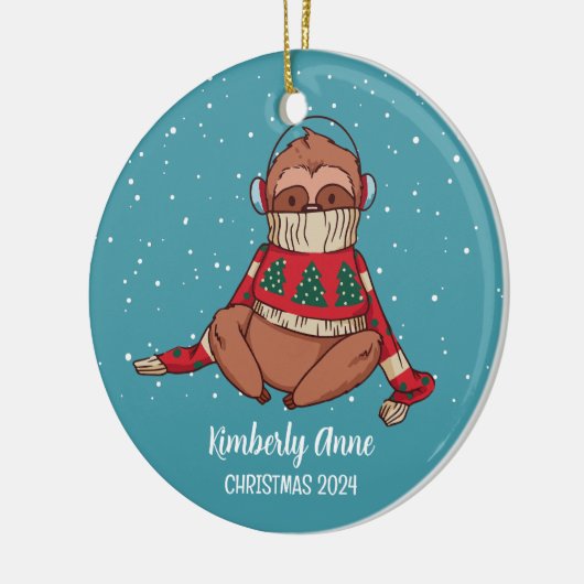 Sneeuwwintervakantie met koortsluiaard keramisch ornament (Links)