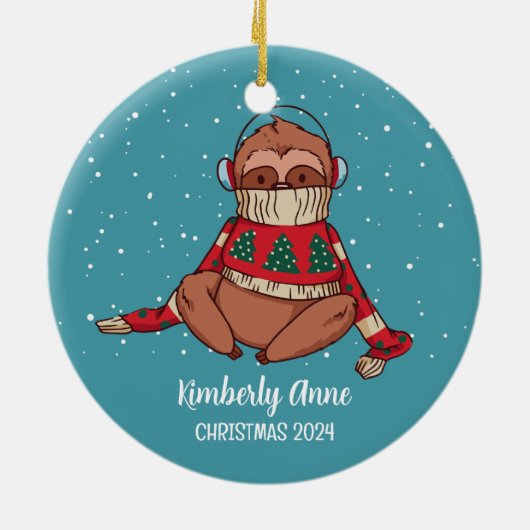 Sneeuwwintervakantie met koortsluiaard keramisch ornament (Achterkant)