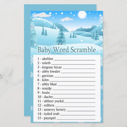 Sneeuwwinterwoud Baby word scramble game (Voorkant / Achterkant)