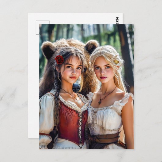 Sneeuwwitje en Roos-rood met het Beer Briefkaart (Voorkant / Achterkant)