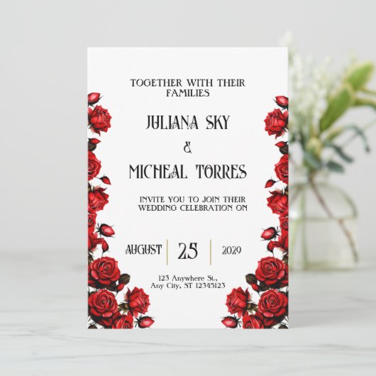 Sneeuwwitje Rode Rozen Bruiloft Kaart (Staand voorkant)