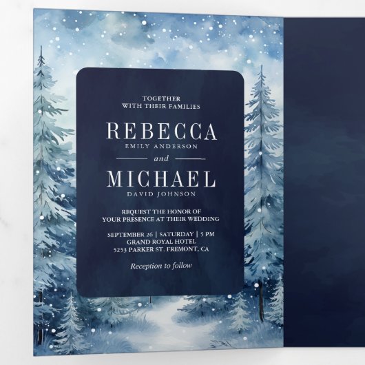 Sneeuwwitje Winter Bos Fotocollage Marine bruiloft Drieluik Uitnodiging (Binnenzijde eerst)