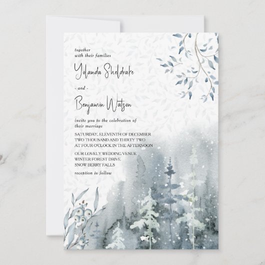 Sneeuwwoud Fijne bladeren Winterbruiloft Kaart (Voorkant)