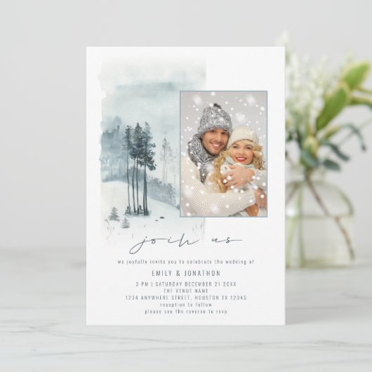 Sneeuwwoud Foto wordt met de Us QR Code Winter Wed Kaart (Staand voorkant)