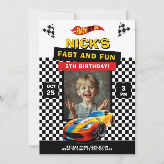 Snel Auto Verjaardagsfeest Foto Kaart (Voorkant)