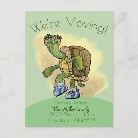 Snel, Cute Jogging Turtle Moving Address Briefkaart (Voorkant)