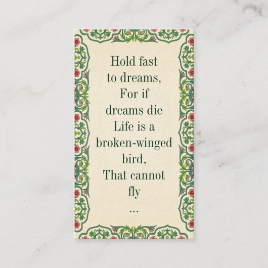 Snel dromen, want als dromen sterven is het leven  visitekaartje (Voorkant)