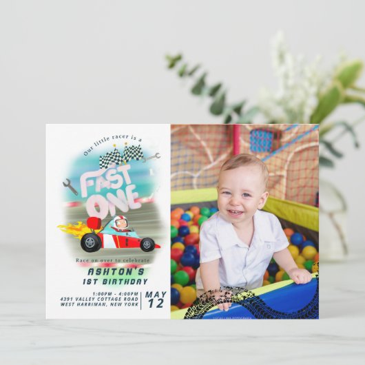 Snel een 1e verjaardag race auto kaart (Staand voorkant)