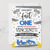 Snel Een 1e Verjaardagsfeest Blauwe Race Auto Snel Kaart (Voorkant)