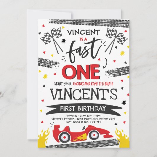 Snel Een 1e Verjaardagsfeestje Rode Race Auto Snel Kaart (Voorkant)