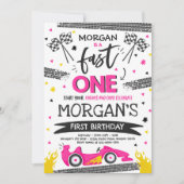 Snel Een 1e Verjaardagsfeestje Roze Race Auto Snel Kaart (Voorkant)