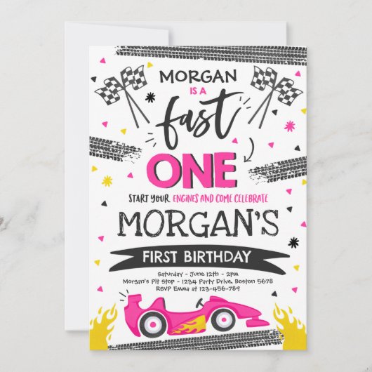 Snel Een 1e Verjaardagsfeestje Roze Race Auto Snel Kaart (Voorkant)
