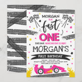 Snel Een 1e Verjaardagsfeestje Roze Race Auto Snel Kaart (Voorkant / Achterkant)