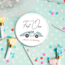 Snel Een Blauw Race Auto Jongen 1e Verjaardag Bedankjes Labels